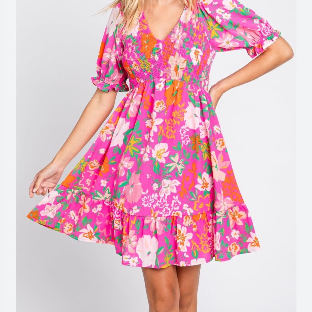 JODIFL Pink and Green Smocked Dress
